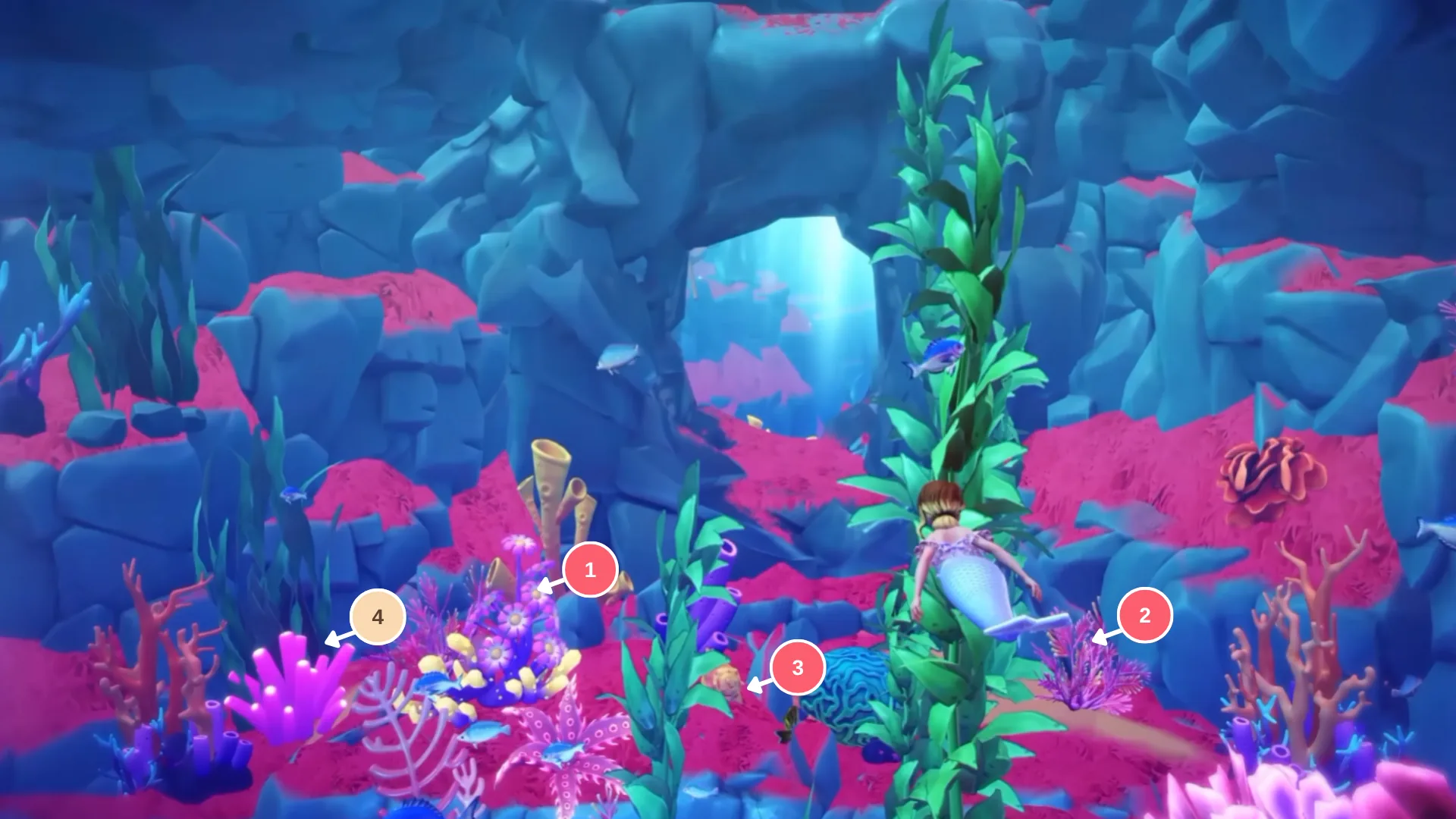 Fundo do mar com rochas azuis e areia rosada no teaser de The Keepsake Sea, com corais marcados de 1 a 4