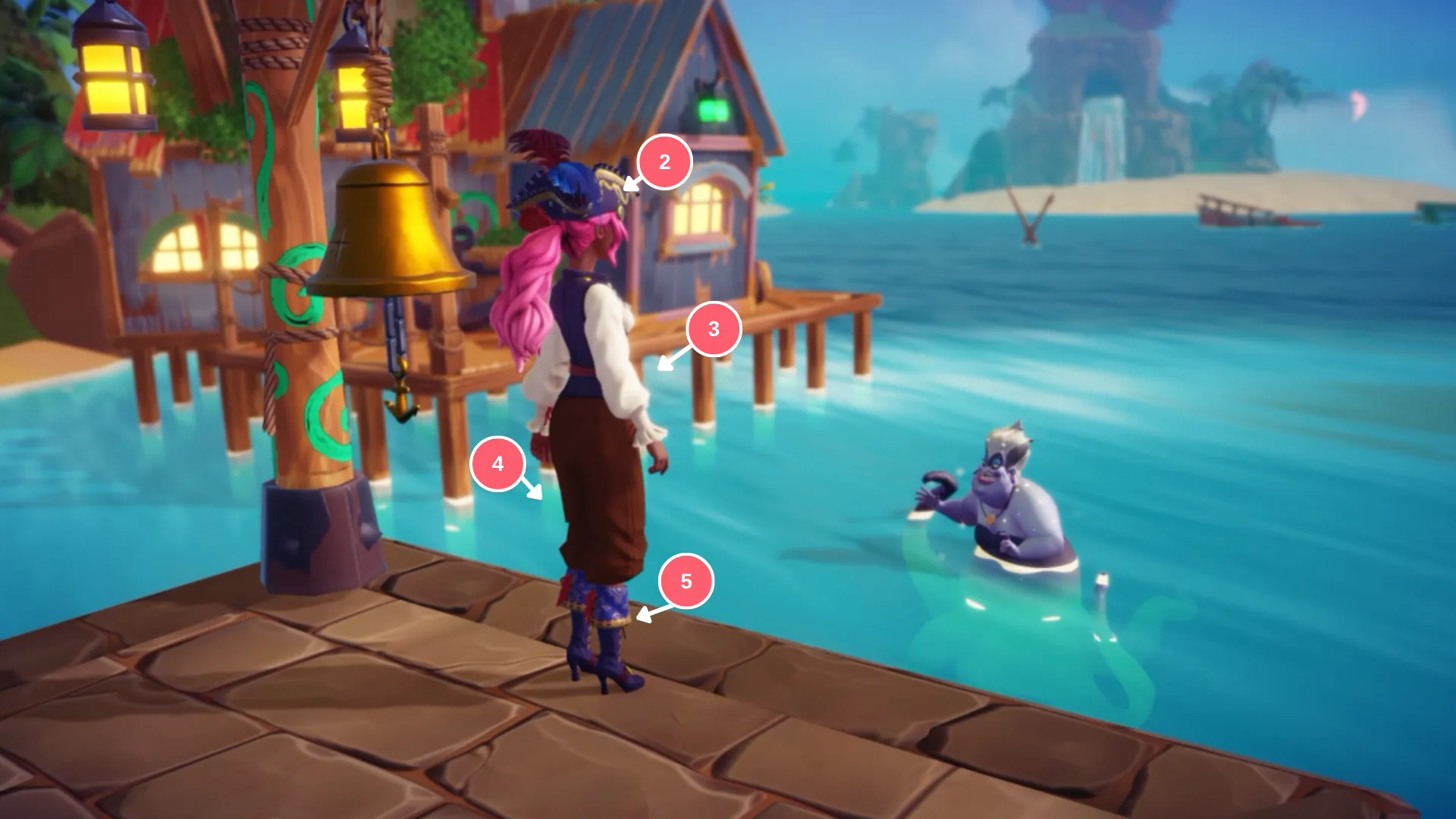 Personagem com roupa de pirata no píer, observando a Úrsula no mar, com peças marcadas de 2 a 5