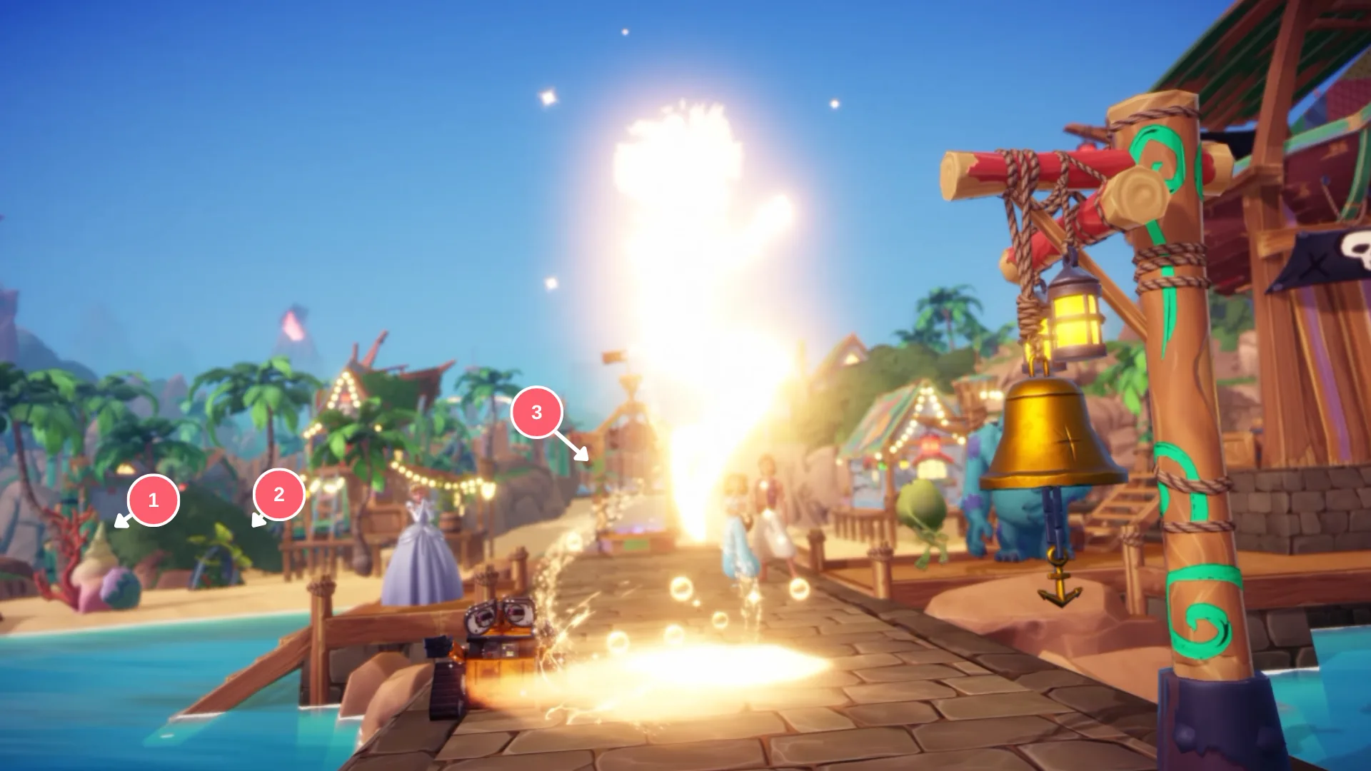Píer e praia da nova expansão com personagens ao fundo, com itens de decoração marcados de 1 a 3