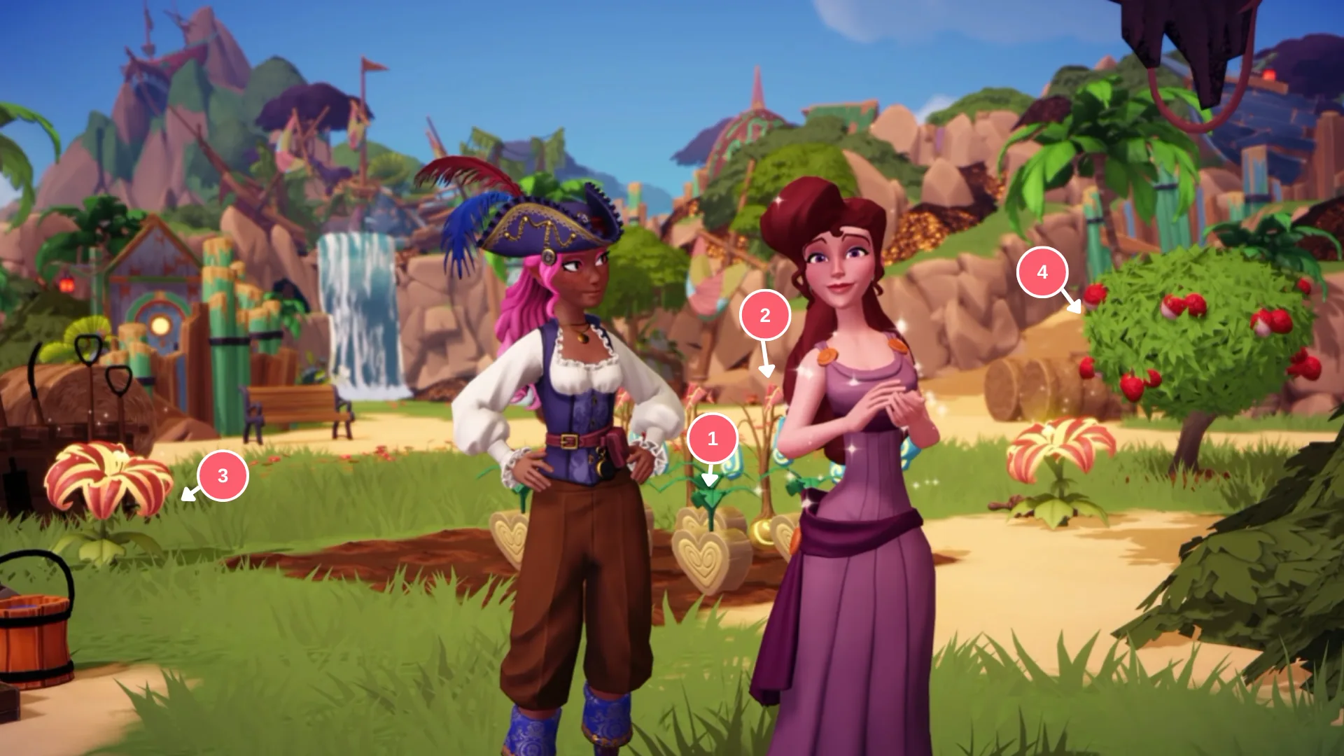 Personagem pirata e Megara em uma horta com plantas novas marcadas de 1 a 4