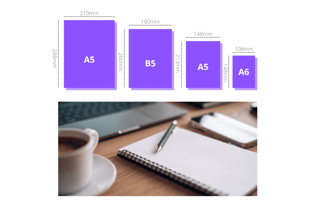 Foto de agenda e desenho comparativo de tamanhos de agenda