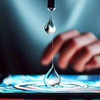 Gota de água caindo na tela de um tablet