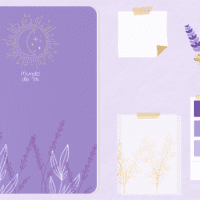 Imagem de caderno fechado com paleta de cores tudo em tom de lilás